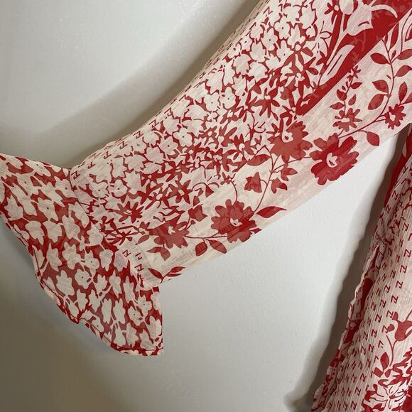 Susan Graver Women’s Size M Sheer Red White Floral Tie Neck Blouse Tunic L/S - Picture 4 of 6